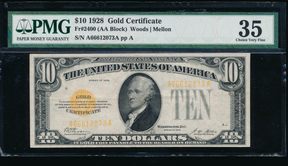 Fr. 2400 1928 $10  Gold Certificate AA block PMG 35 A66612073A obverse