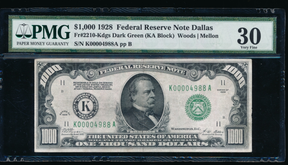 Fr. 2210-K 1928 $1,000  Federal Reserve Note Dallas PMG 30 comment K00004988A