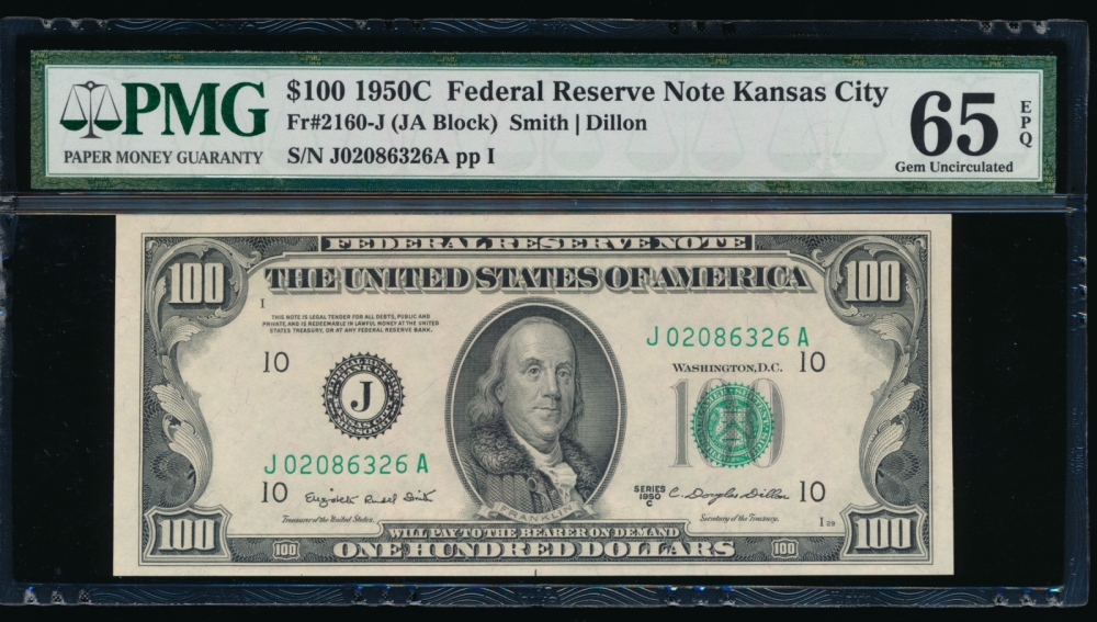 Fr. 2160-J 1950C $100  Federal Reserve Note Kansas City PMG 65EPQ J02086326A