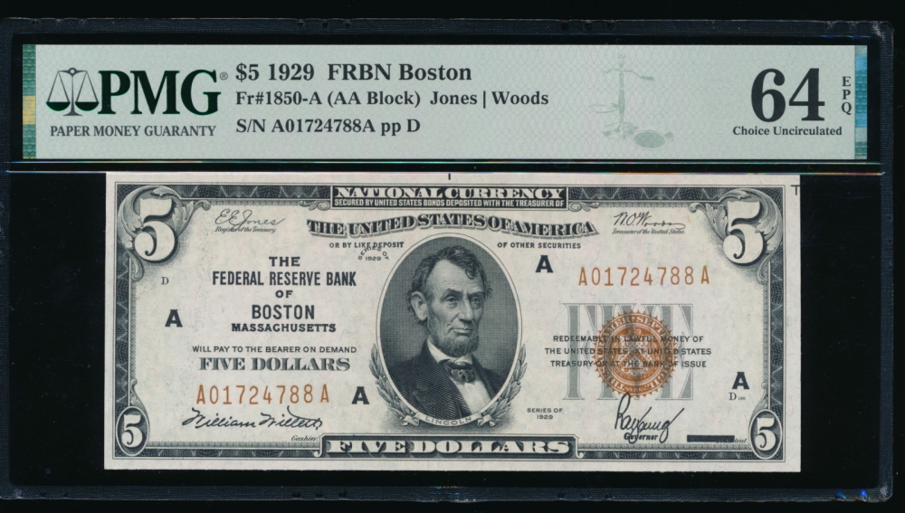 Fr. 1850-A 1929 $5  FRBN Boston PMG 64EPQ A01724788A