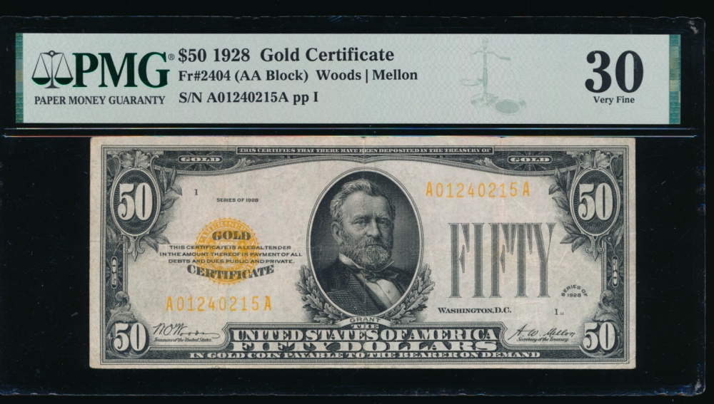 Fr. 2404 1928 $50  Gold Certificate  PMG 30 A01240215A