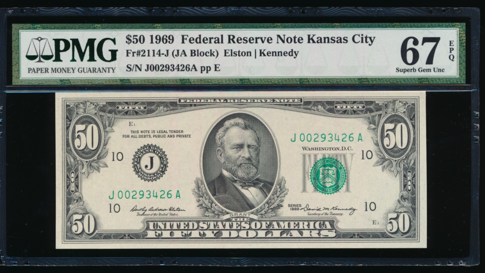 Fr. 2114-J 1969 $50  Federal Reserve Note Kansas City PMG 67EPQ J00293426A