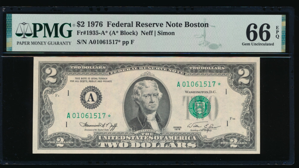 Fr. 1935-A 1976 $2  Federal Reserve Note Boston star PMG 66EPQ A01061517*