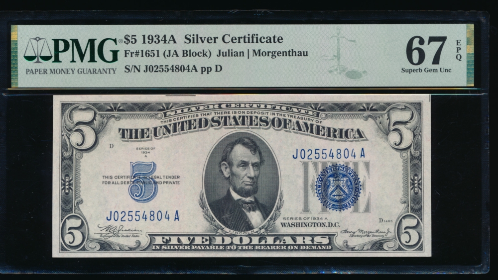 Fr. 1651 1934A $5  Silver Certificate JA block PMG 67EPQ J02554804A