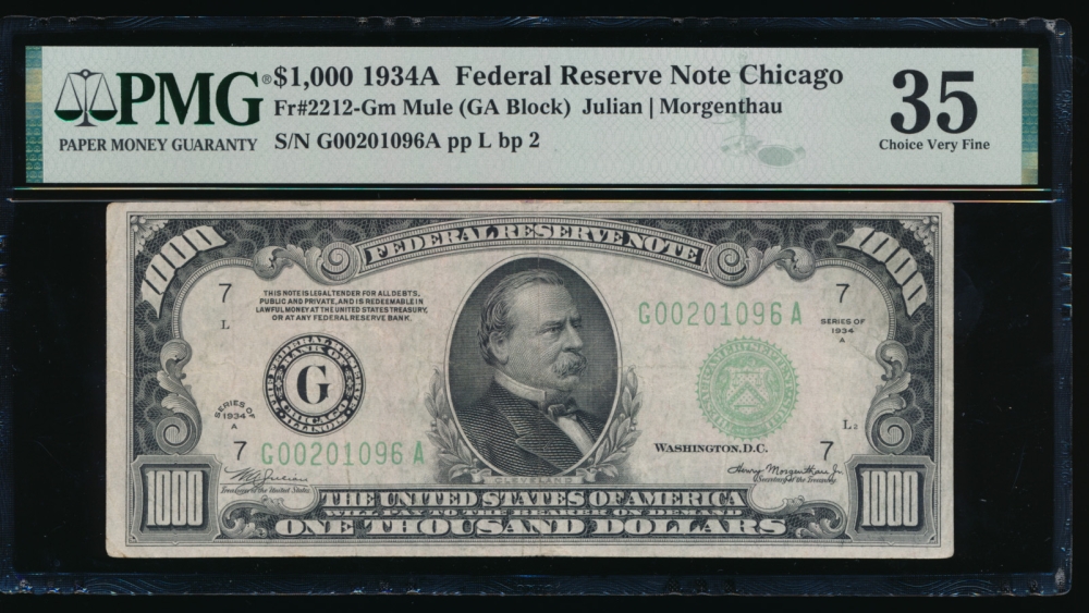Fr. 2212-G 1934A $1,000  Federal Reserve Note Chicago PMG 35 G00201096A obverse