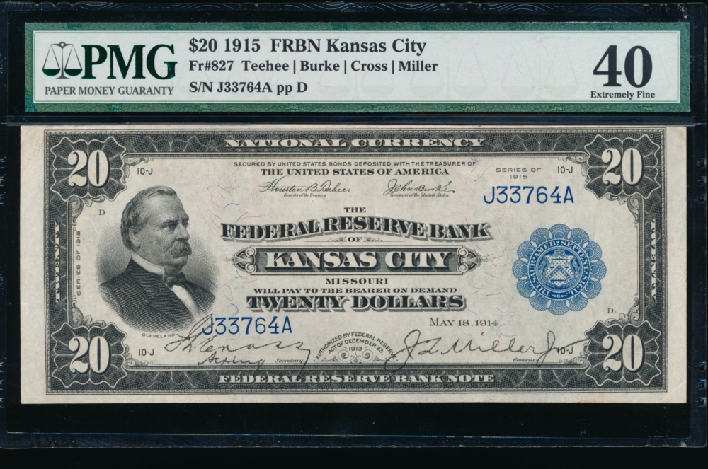 Fr. 827 1915 $20  FRBN Kansas City PMG 40 J33764A