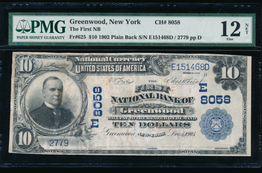 Fr. 625 1902 $10  National: Plain Back Ch #8058 The First National Bank of Greenwood, New York PMG 12NET 2779