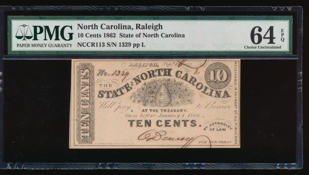 Fr. Cr NC-113 1862 $0.10  Obsolete State of North Carolina, Raleigh PMG 64EPQ 1329 L