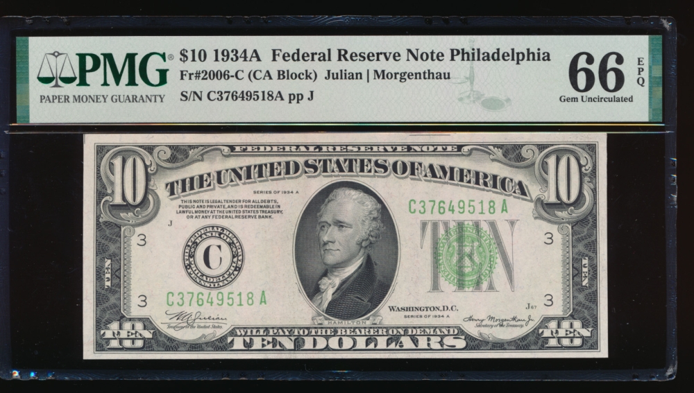 Fr. 2006-C 1934A $10  Federal Reserve Note Philadelphia PMG 66EPQ C37649518A