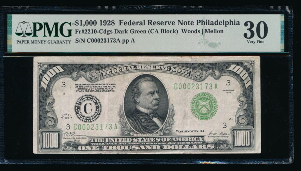 Fr. 2210-C 1928 $1,000  Federal Reserve Note Philadelphia PMG 30 comment C00023173A