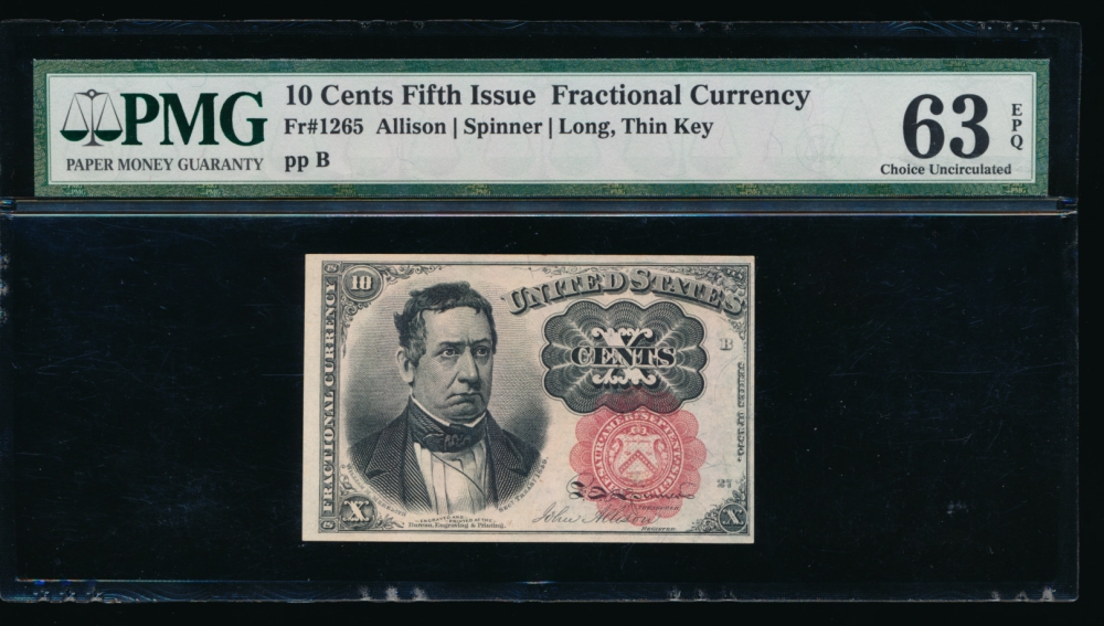 Fr. 1265  $0.10  Fractional Fifth Issue: Long, Thin Key PMG 63EPQ no serial number obverse