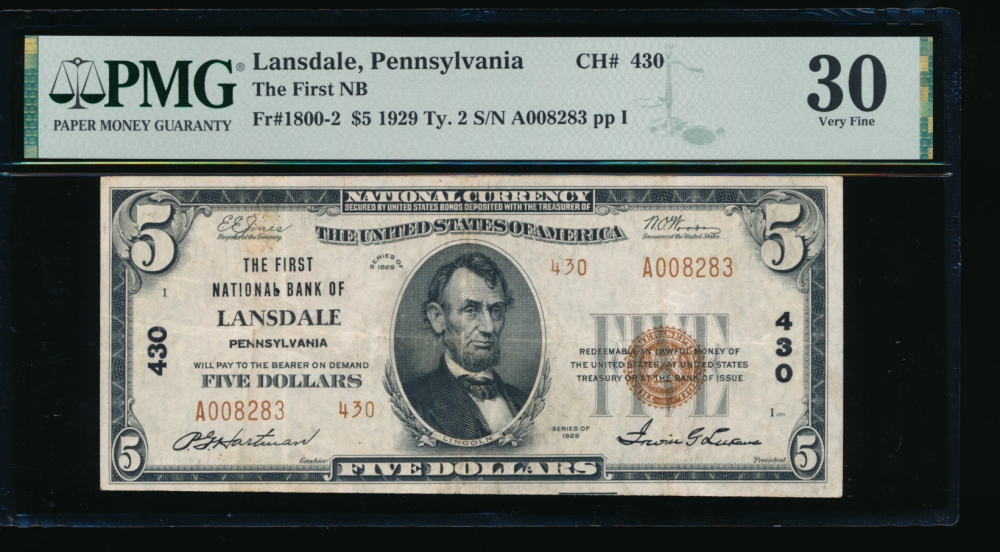 Fr. 1800-2 1929 $5  National: Type II Ch #430 The First National Bank of Lansdale, Pennsylvania PMG 30 A008283