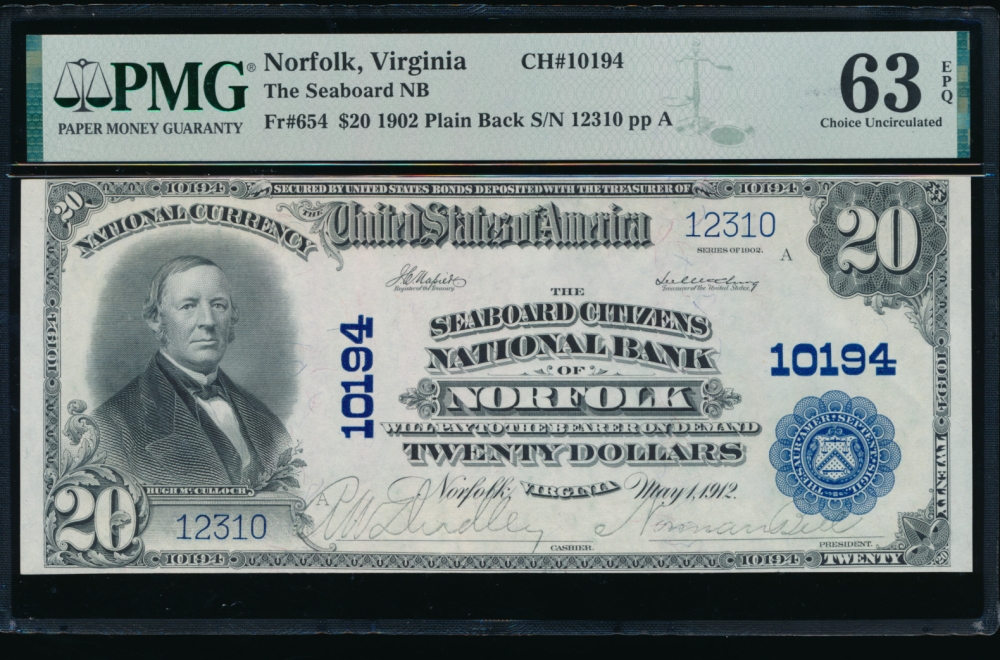 Fr. 654 1902 $20  National: Plain Back Ch #10194 The Seaboard Citizens National Bank of Norfolk, Virginia PMG 63EPQ 123010
