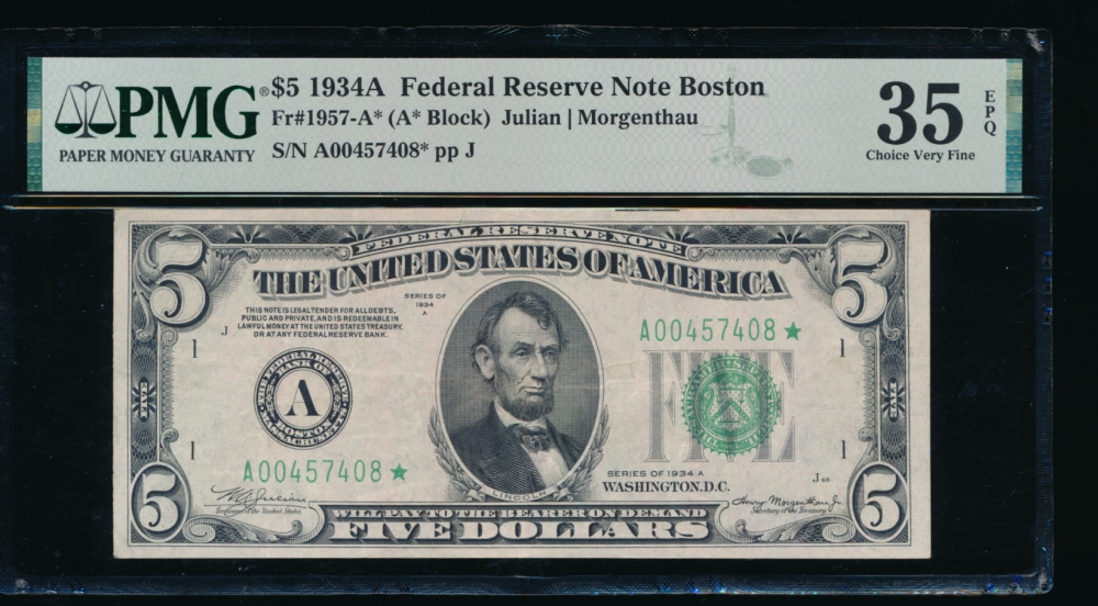Fr. 1957-A 1934A $5  Federal Reserve Note Boston star PMG 35EPQ A00568509*