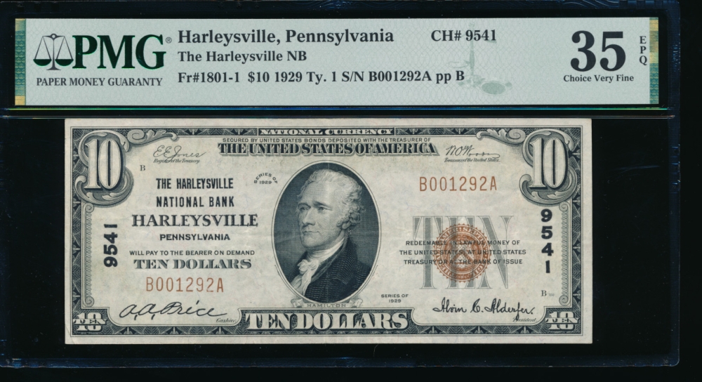 Fr. 1801-1 1929 $10  National: Type I Ch #9541 The Harleysville National Bank, Harleysville, Pennsylvania PMG 35EPQ B001292A