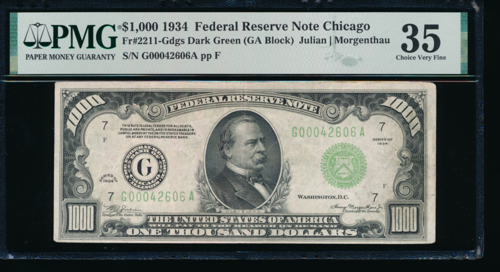 Fr. 2211-G 1934 $1,000  Federal Reserve Note Chicago PMG 35 comment G00042606A