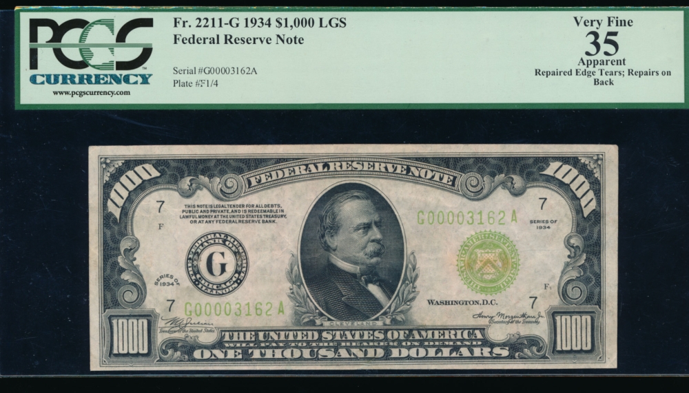 Fr. 2211-G 1934 $1,000  Federal Reserve Note Chicago LGS PCGS-C 35 apparent G00003162A