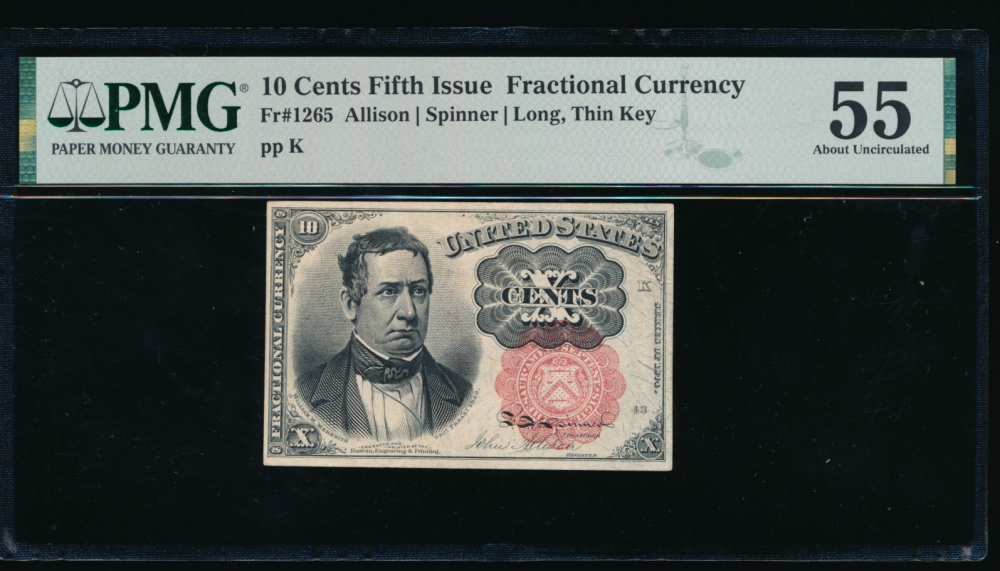 Fr. 1265  $0.10  Fractional Fifth Issue: Long, Thin Key PMG 55 no serial number obverse