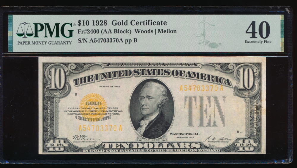 Fr. 2400 1928 $10  Gold Certificate AA block PMG 40 comment A54703370A