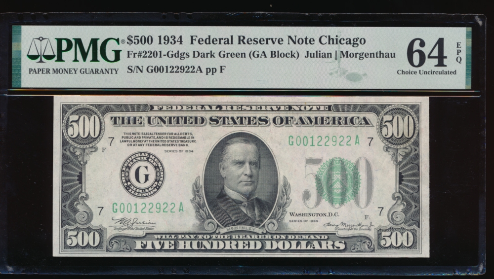 Fr. 2201-G 1934 $500  Federal Reserve Note Chicago PMG 64EPQ G00122922A