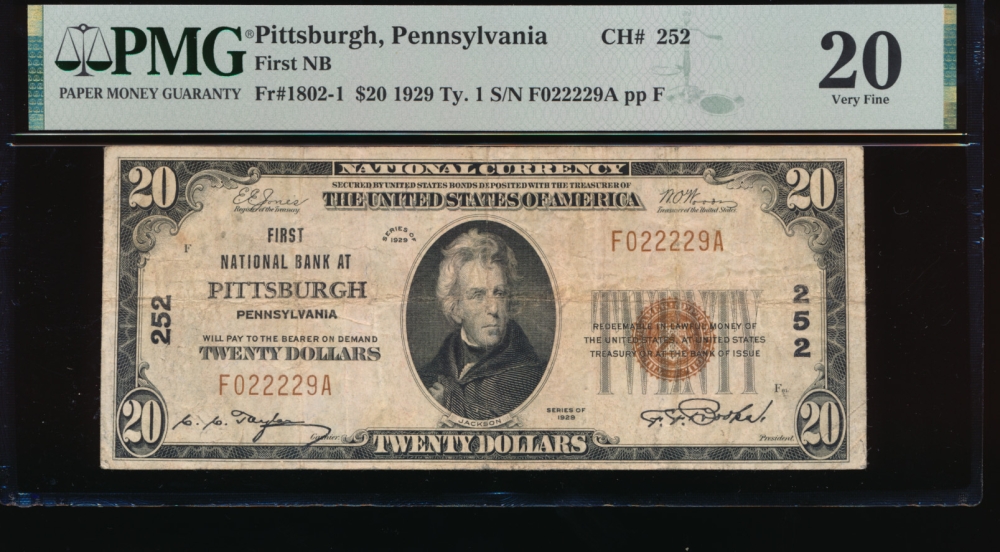 Fr. 1802-1 1929 $20  National: Type I Ch #252 First National Bank at Pittsburgh, Pennsylvania PMG 20 F022229A