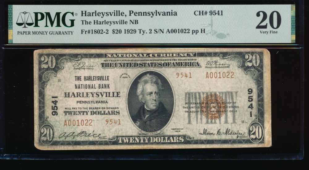 Fr. 1802-2 1929 $20  National: Type II Ch #9541 The Harleysville NB, Harleysville, Pennsylvania PMG 20 comment A001022