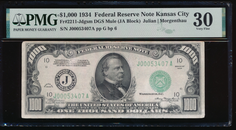 Fr. 2211-J 1934 $1,000  Federal Reserve Note Kansas City PMG 30 comment J00053407A obverse