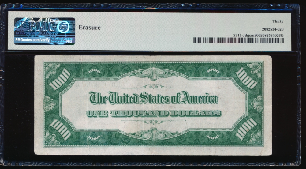 Fr. 2211-J 1934 $1,000  Federal Reserve Note Kansas City PMG 30 comment J00053407A reverse