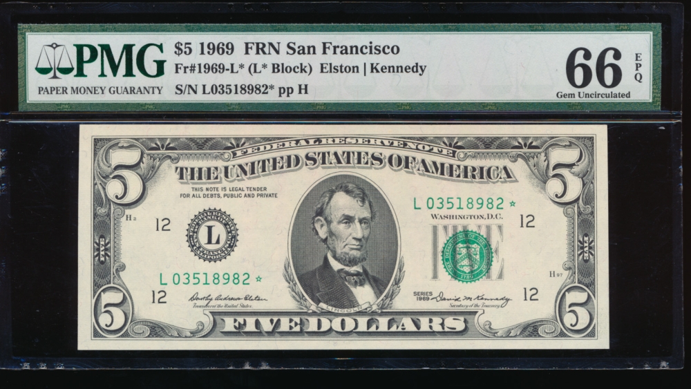 Fr. 1969-L 1969 $5  Federal Reserve Note San Francisco star PMG 66EPQ L03518982*