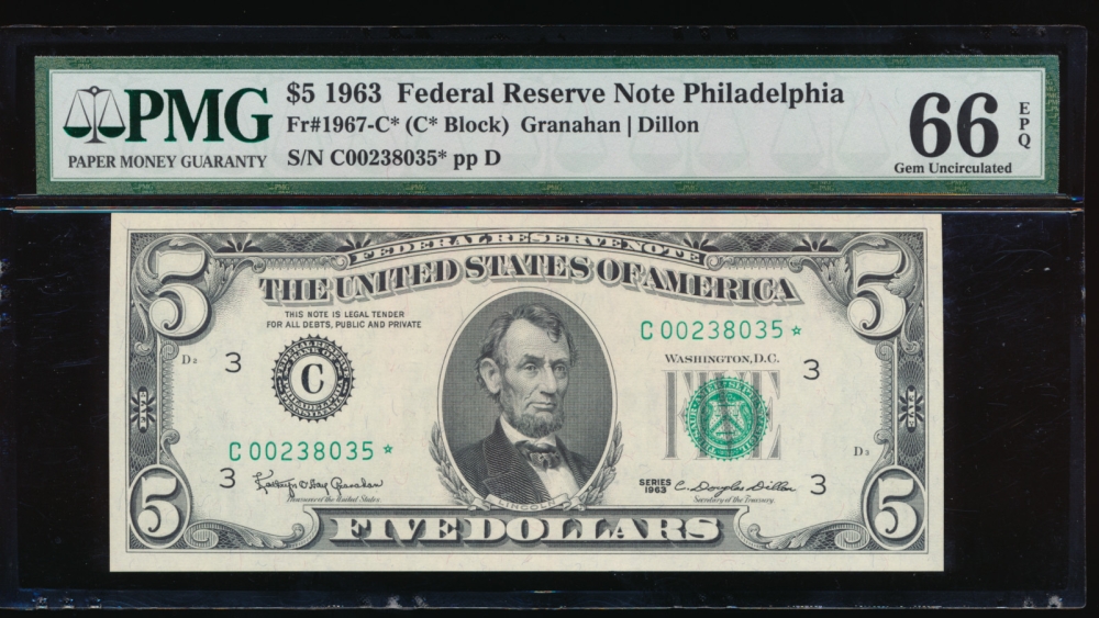 Fr. 1967-C 1963 $5  Federal Reserve Note Philadelphia star PMG 66EPQ C00238035*