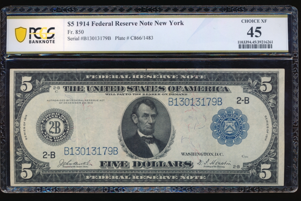 Fr. 850 1914 $5  Federal Reserve Note New York PCGS 45 B13013179B