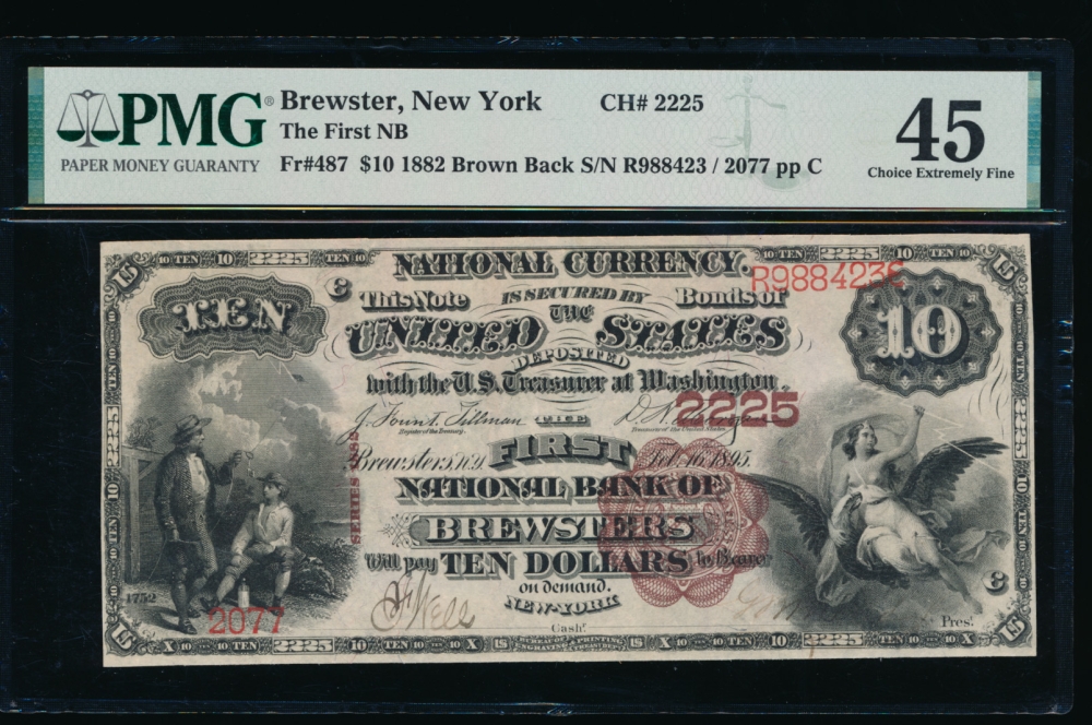 Fr. 487 1882 $10  National: Brown Back Ch #2225 The First National Bank of Brewsters, New York PMG 45 2077