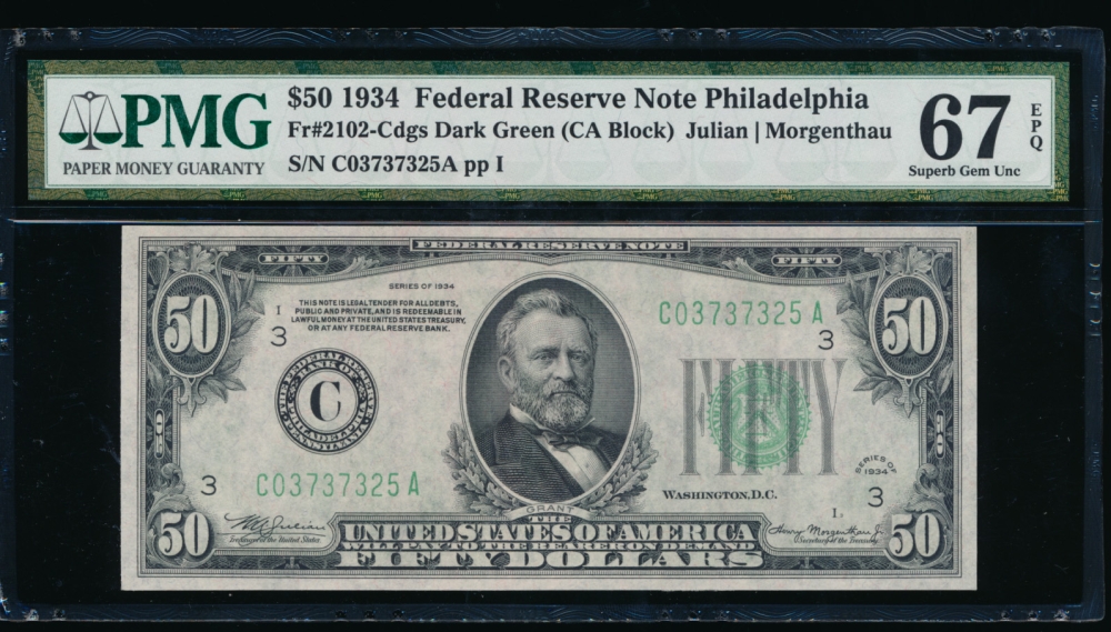 Fr. 2102-C 1934 $50  Federal Reserve Note Philadelphia PMG 67EPQ C03737325A