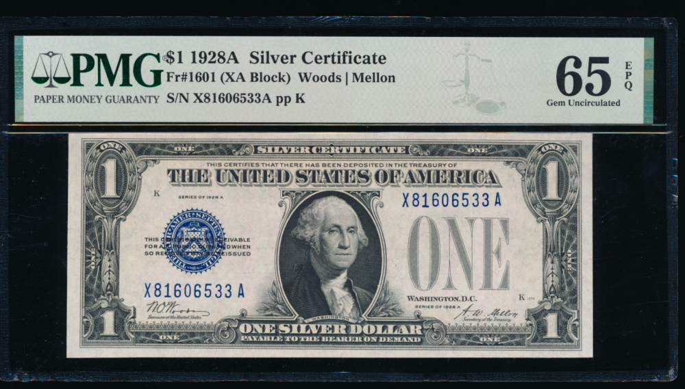 Fr. 1601 1928A $1  Silver Certificate XA block PMG 65EPQ X81606533A