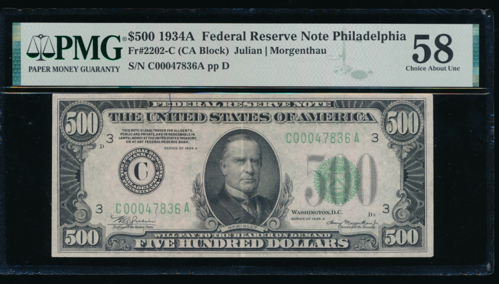 Fr. 2202-C 1934A $500  Federal Reserve Note Philadelphia PMG 58 comment C00047836A
