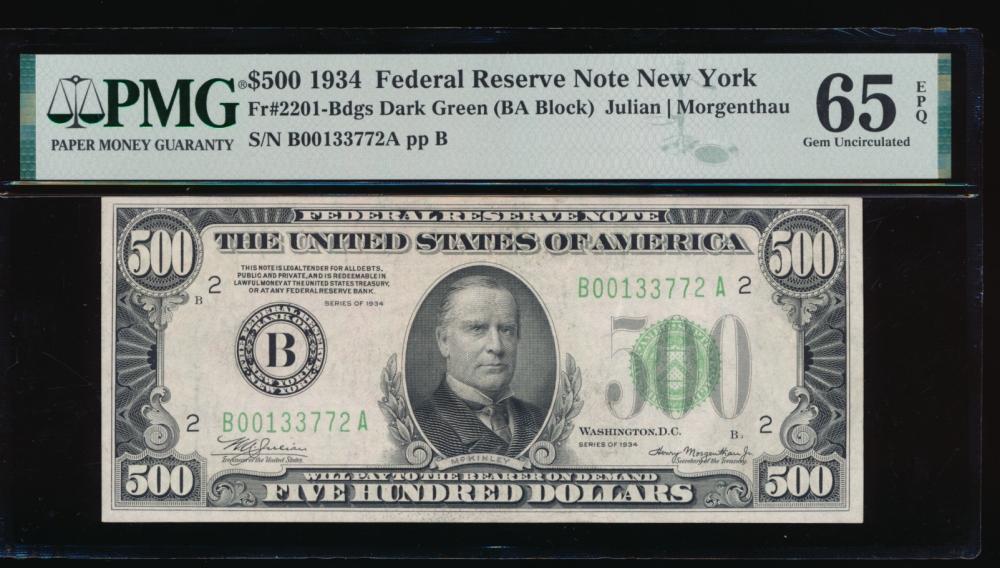 Fr. 2201-B 1934 $500  Federal Reserve Note New York PMG 65EPQ B00133772A