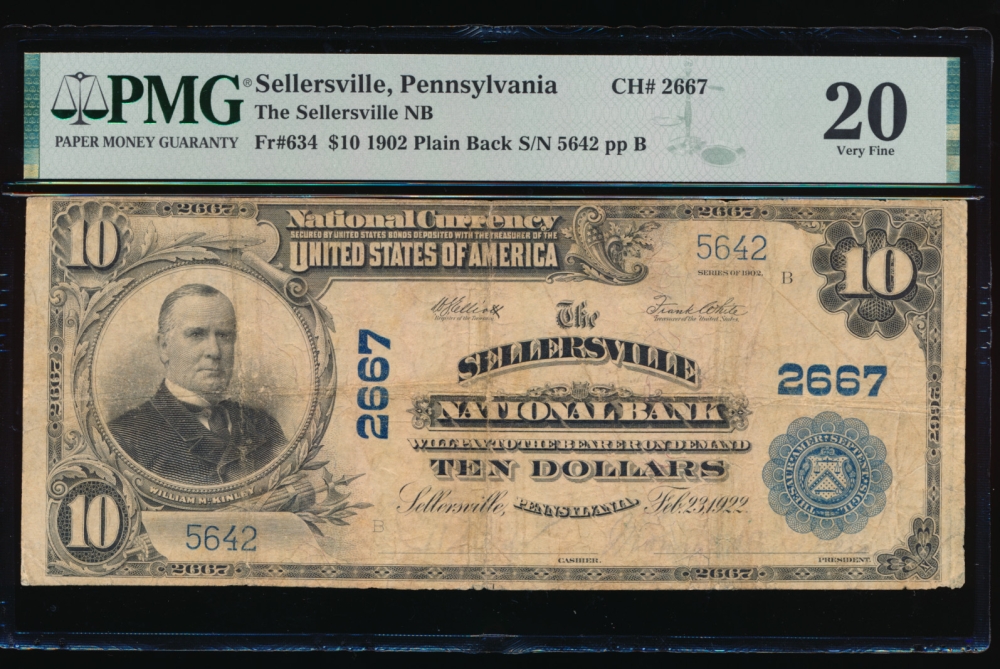 Fr. 634 1902 $10  National: Plain Back Ch #2667 The Sellersville National Bank, Sellersville, Pennsylvania PMG 20 5642