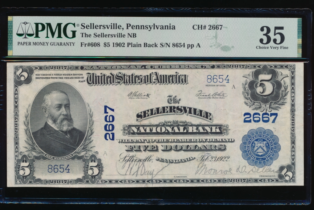 Fr. 608 1902 $5  National: Plain Back Ch #2667 The Sellersville National Bank, Sellersville, Pennsylvania PMG 35 8654