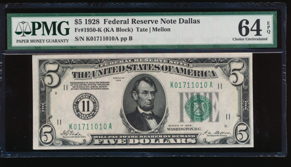 Fr. 1950-K 1928 $5  Federal Reserve Note Dallas PMG 64EPQ K01711010A