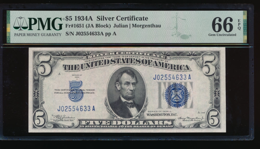 Fr. 1651 1934A $5  Silver Certificate JA block PMG 66EPQ J02554633A