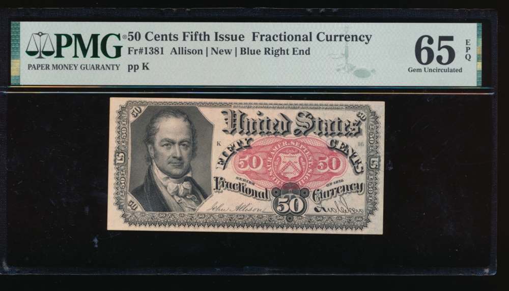 Fr. 1381  $0.50  Fractional Fifth Issue: Blue Right End PMG 65EPQ no serial number obverse