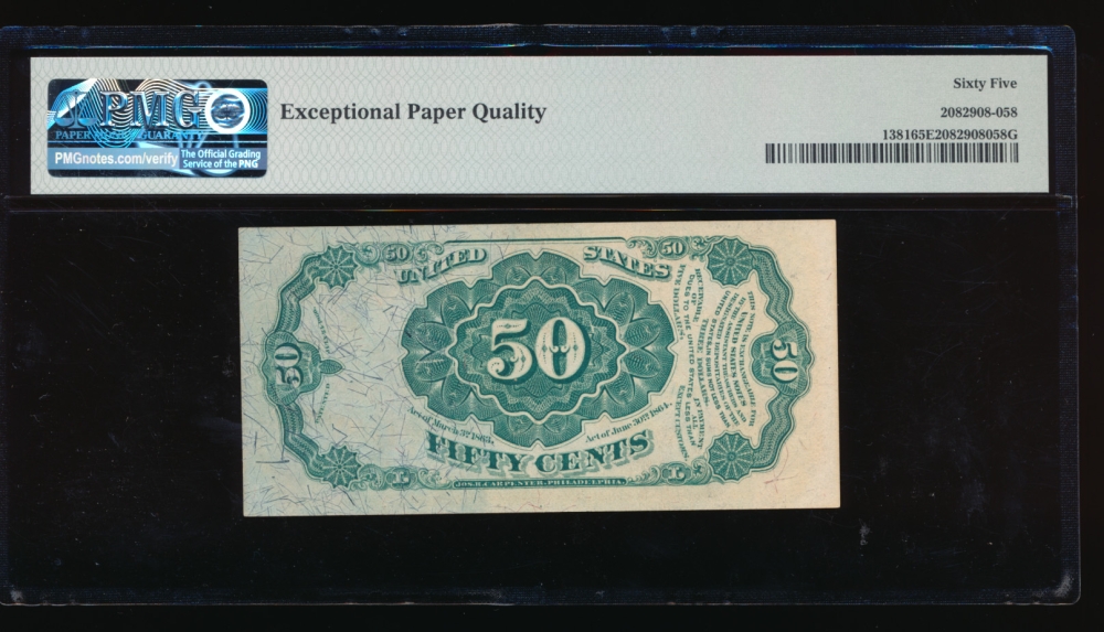 Fr. 1381  $0.50  Fractional Fifth Issue: Blue Right End PMG 65EPQ no serial number reverse