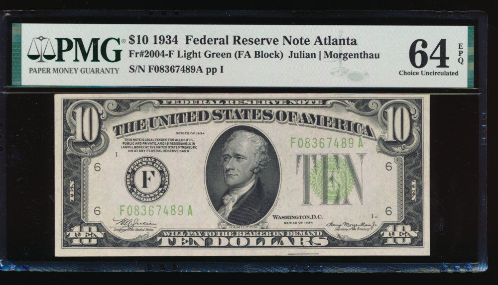 Fr. 2004-F 1934 $10  Federal Reserve Note Atlanta LGS PMG 64EPQ F08367489A