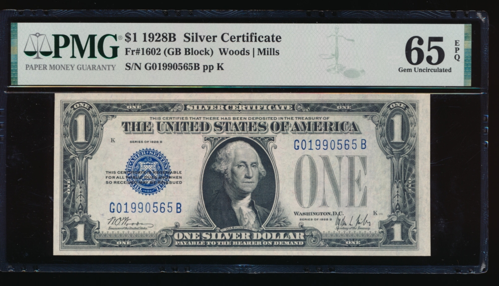 Fr. 1602 1928B $1  Silver Certificate GB block PMG 65EPQ G01990565B