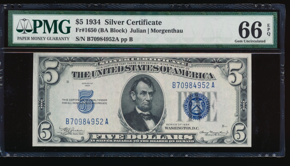 Fr. 1650 1934 $5  Silver Certificate BA block PMG 66EPQ B70984952A
