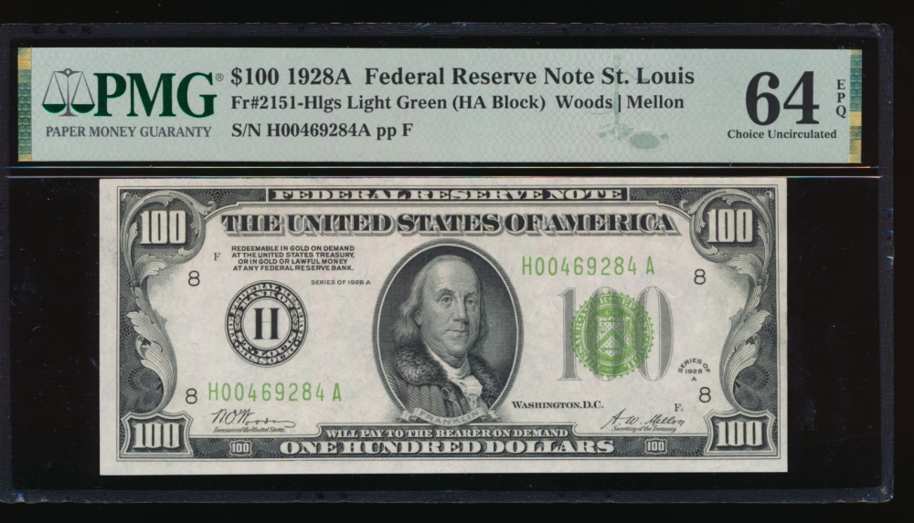 Fr. 2151-H 1928A $100  Federal Reserve Note Saint Louis LGS PMG 64EPQ H00469284A