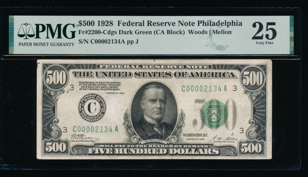 Fr. 2200-C 1928 $500  Federal Reserve Note Philadelphia PMG 25 comment C00002134A