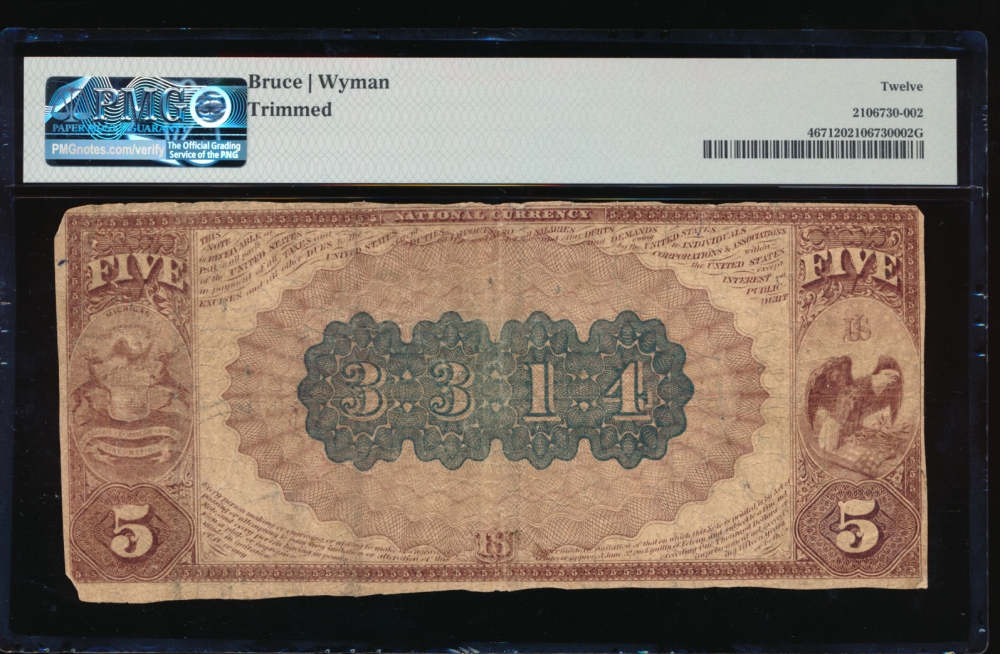 Fr. 467 1882 $5  National: Brown Back Ch #3314 The National Bank of Battle Creek, Michigan PMG 12 comment 6806 reverse