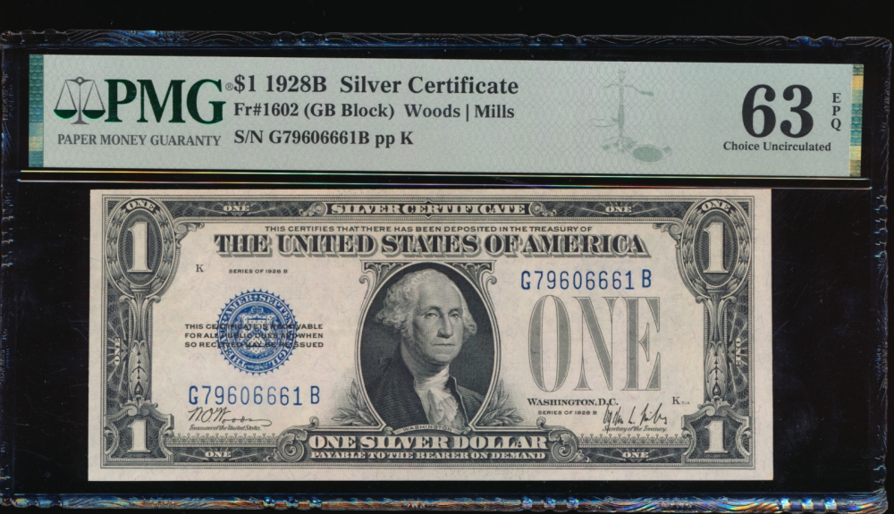 Fr. 1602 1928B $1  Silver Certificate GB block PMG 63EPQ G79606661B