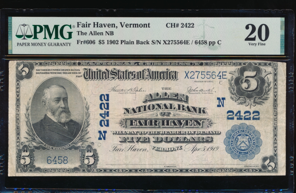 Fr. 606 1902 $5  National: Plain Back Ch #2422 The Allen National Bank of Fair Haven, Vermont PMG 20 6458